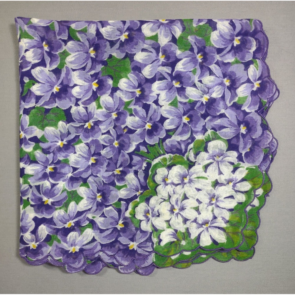 Vtg Purple White Violet Floral Scalloped Edge Cotton Hankie 14.5" x 14.5"